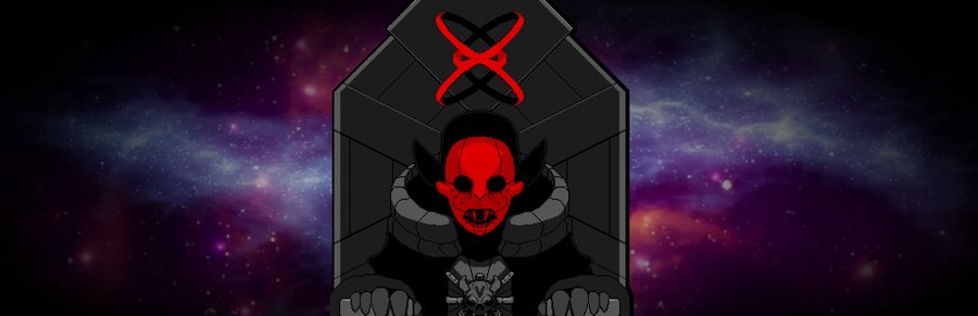 Library hero: the masked sovereign on the throne against a nebula, no logo