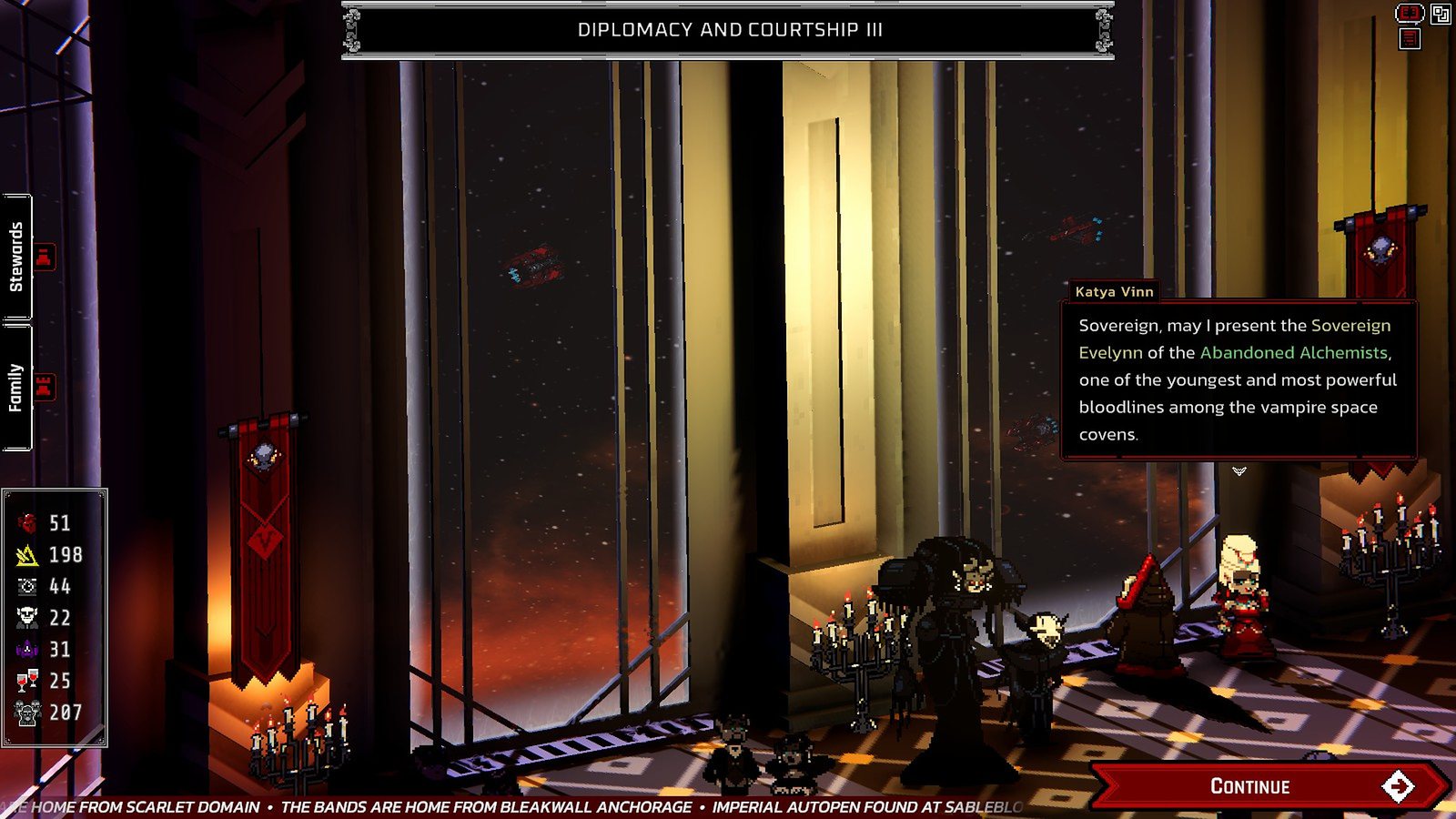 A courtier presents an heir of the Abandoned Alchemists to the Sovereign in a gold-lit throne hall